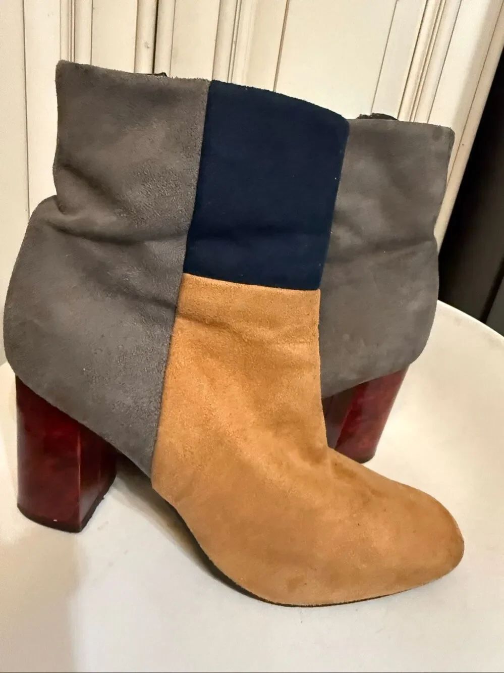 Shirleen Women’s Colorblock Suede Heel Ankle Boots Gray Navy Tan Size 8